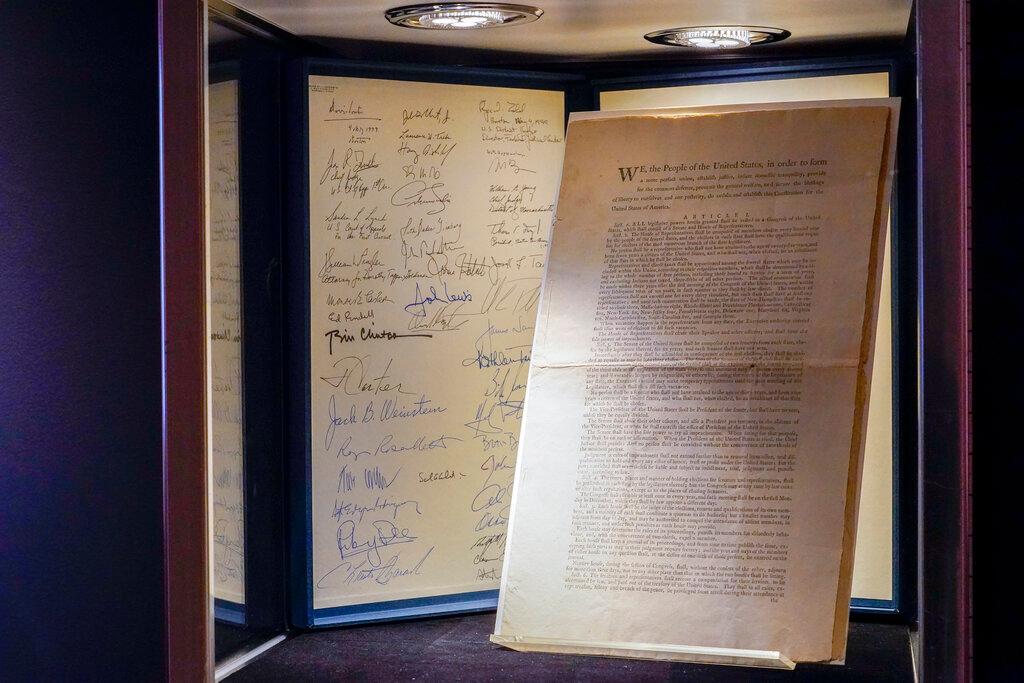 A first printing of the US Constitution on display at Sotheby's auction house during a press preview for the upcoming auction, Nov 5, in New York. Photo: AP