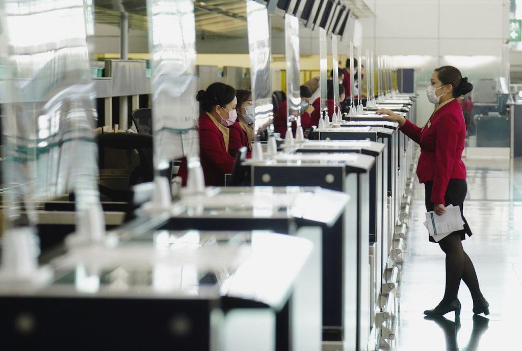 Cathay Pacific ground support members work at the Hong Kong International Airport in Hong Kong, Oct 21, 2020. Photo: AP