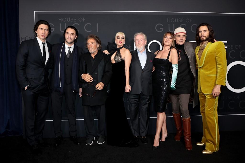 Adam Driver, Jack Huston, Al Pacino, Lady Gaga, Ridley Scott, Giannina Facio, Jeremy Irons and Jared Leto attend the 'House Of Gucci' New York Premiere at Jazz at Lincoln Center on Nov 16 in New York City.   Photo: AFP