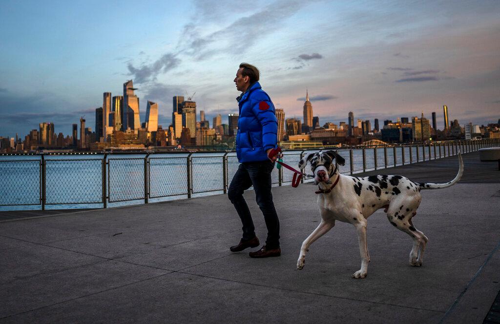 A man walks his dog along the overlook on the Hudson River in New Jersey with New York City in the background, Dec 7. Photo: AP