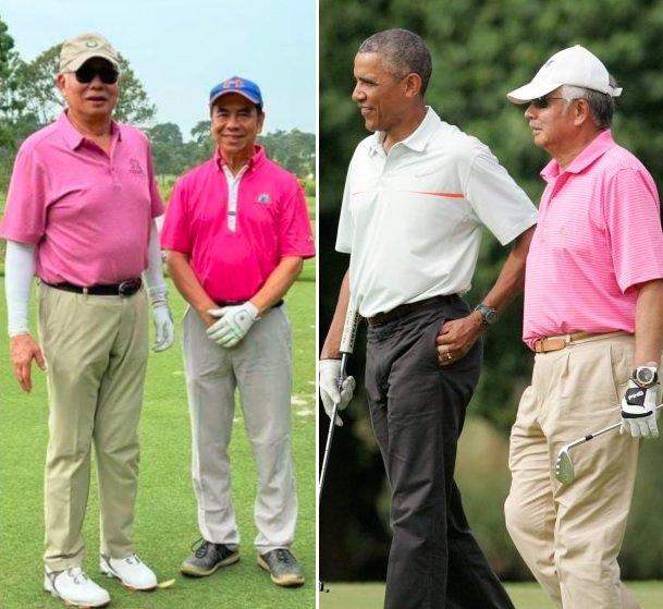 Najib Razak bersama ahli perniagaan ternama Sam Goi Seng Hui di padang golf Singapura (kiri), dan gambar lain menunjukkan beliau bermain golf bersama Barack Obama pada 2014 ketika beberapa negeri di Malaysia dilanda banjir.