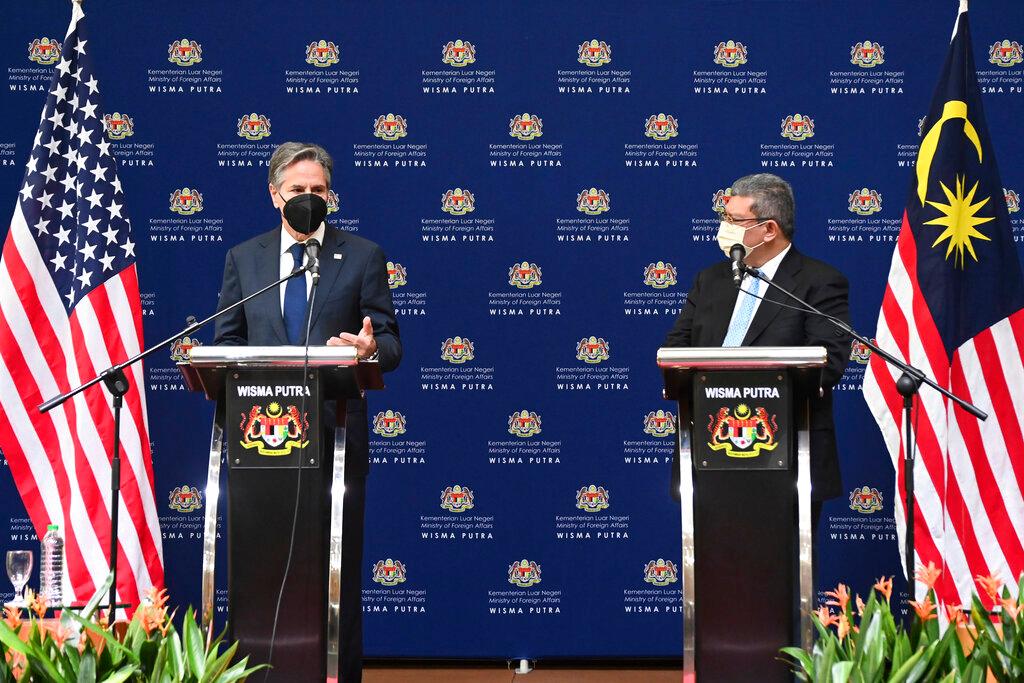 US Secretary of State Antony Blinken (left) speaks next to Foreign Minister Saifuddin Abdullah during a press conference at the foreign ministry in Putrajaya today. Photo: AP