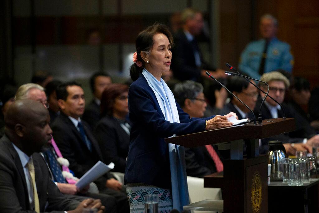 Myanmar's Aung San Suu Kyi addresses the judges of the International Court of Justice in The Hague, Netherlands in this Dec 11, 2019 file photo. Photo: AP