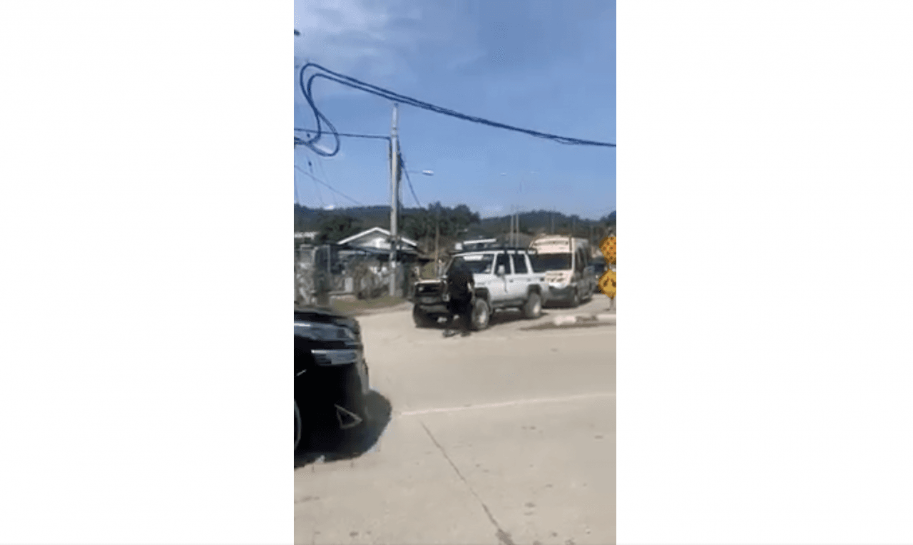 A screenshot from a video of policemen stopping an ambulance and a four-wheel drive to make way for a VIP convoy.
