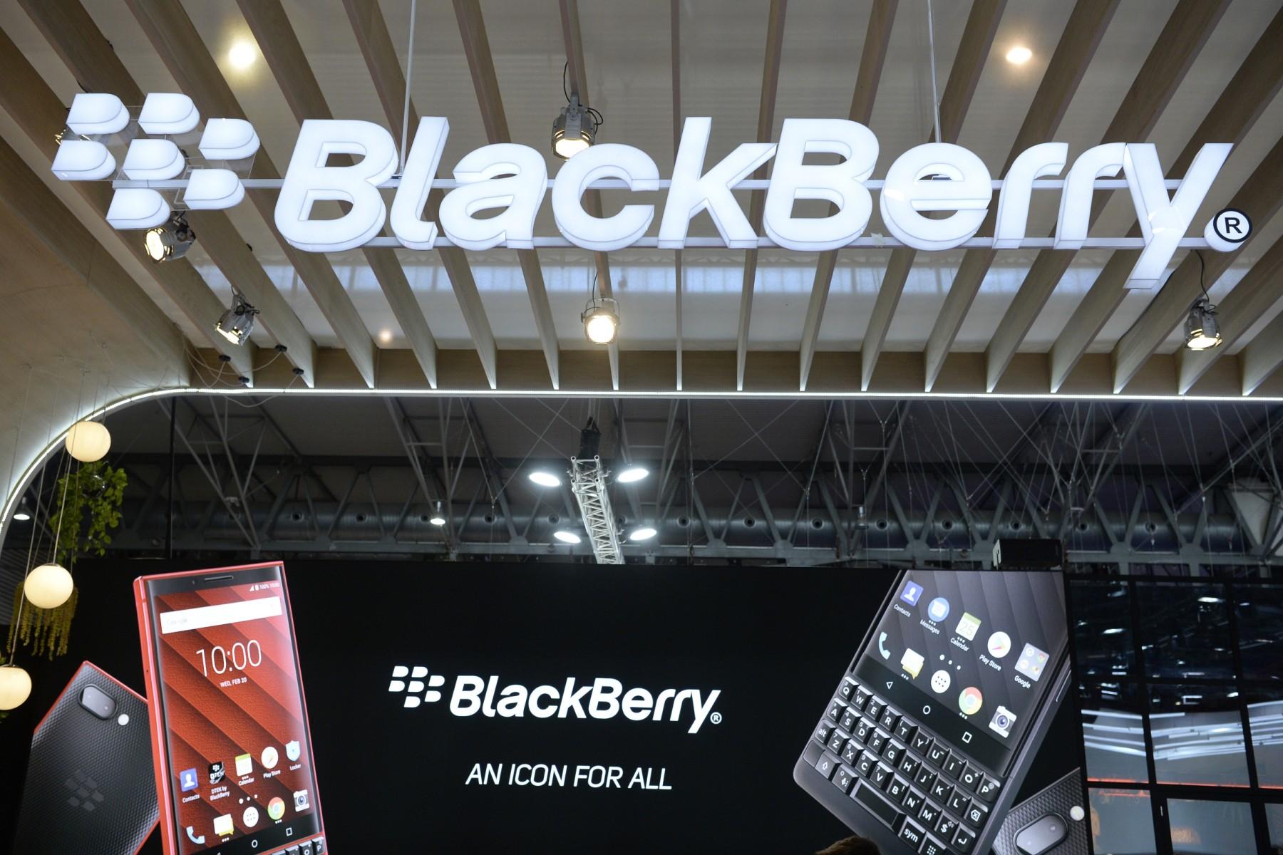 The BlackBerry logo is displayed at the Mobile World Congress in Barcelona on Feb 27, 2019. Blackberry lost favour with users with the advent of Apple's touchscreen iPhones and rival Android devices. Photo: AFP