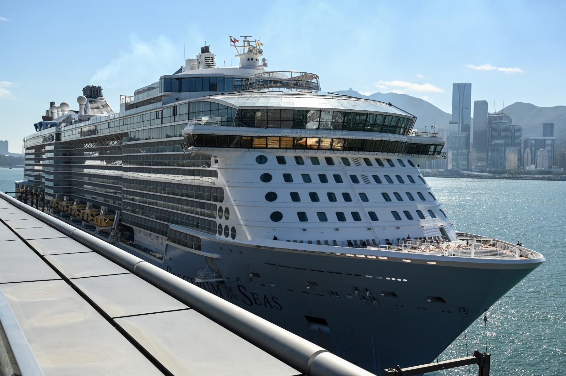 The cruise ship 'Spectrum of the Seas' is docked at a terminal in Hong Kong on Jan 5, after it was ordered to return to the city for Covid-19 testing after nine people were found to be close contacts with a recent Omicron variant outbreak. Photo: AFP