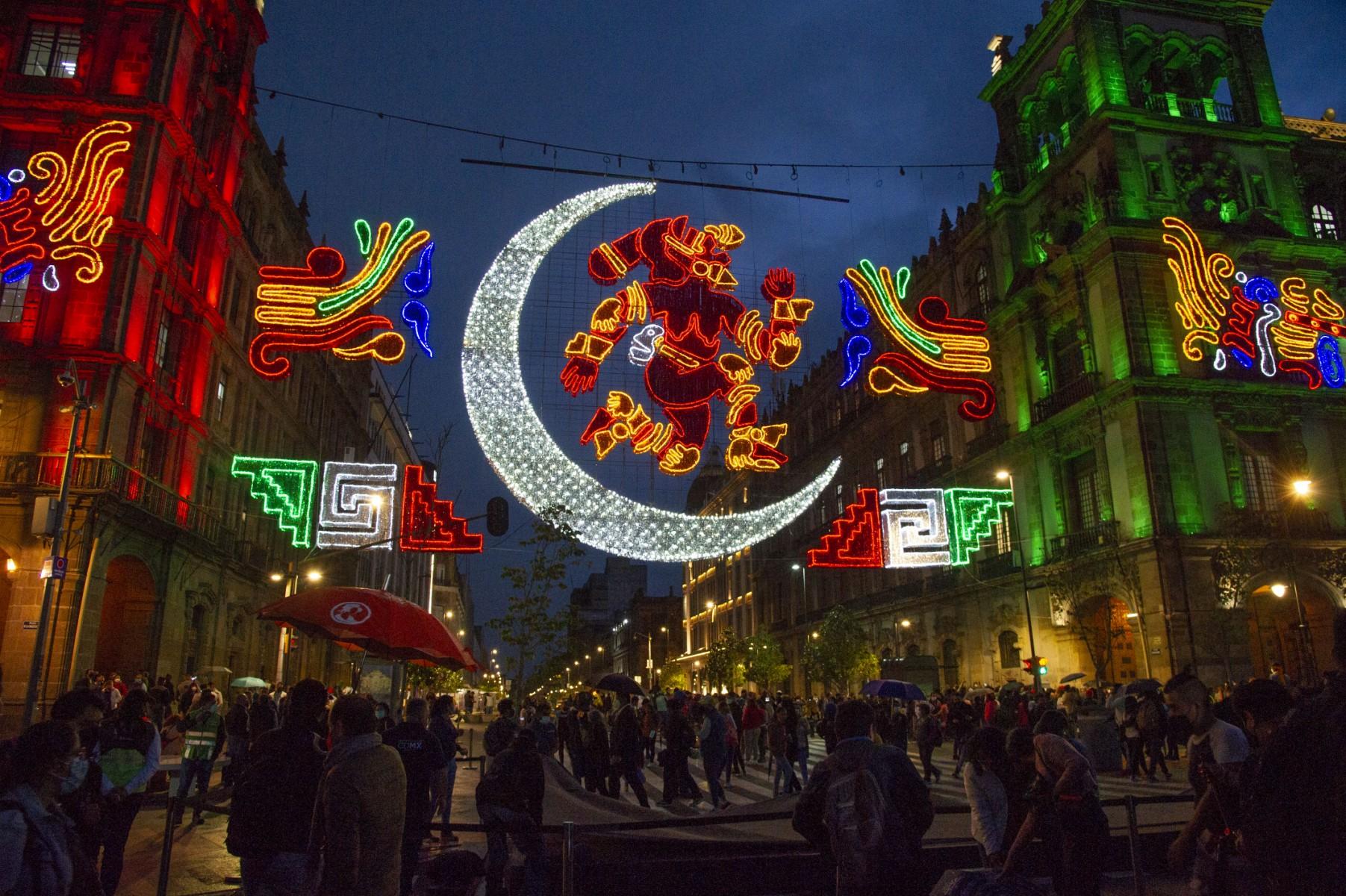 View of the illuminated decorations in Zocalo Square Mexico City on Aug 12, 2021. Mexico has registered 299,805 confirmed deaths from Covid-19, a figure that is likely significantly below the real toll, officials say. Photo: AFP