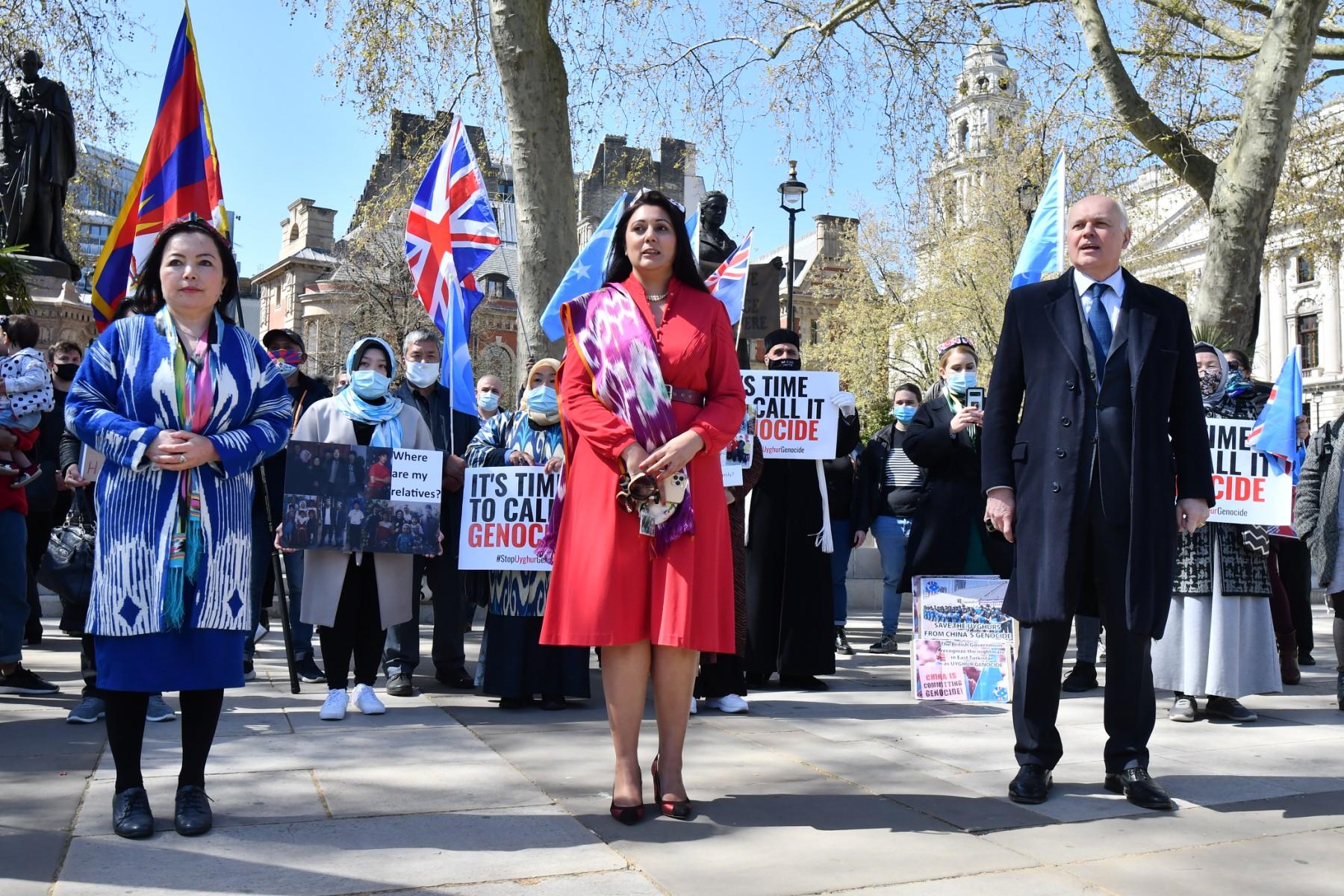 British Conservative Party MPs Nusrat Ghani (centre) and Iain Duncan Smith (right) join members of the Uighur community as they demonstrate to call on the British parliament to vote to recognise alleged persecution of China's Muslim minority Uighur people as genocide and crimes against humanity in London in this April 22, 2021 file photo. Photo: AFP