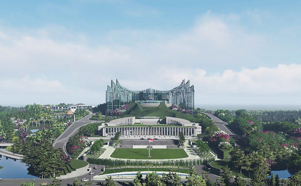 Sebuah imej janaan komputer yang dikeluarkan Nyoman Nuarta pada 18 Januari menunjukkan ilustrasi reka bentuk istana presiden Indonesia di Kalimantan Timur, di mana ibu negara Indonesia di Jakarta akan secara beransur-ansur berpindah ke tapak sejauh 2,000km di pulau Borneo yang dinamakan Nusantara. Gambar: AFP