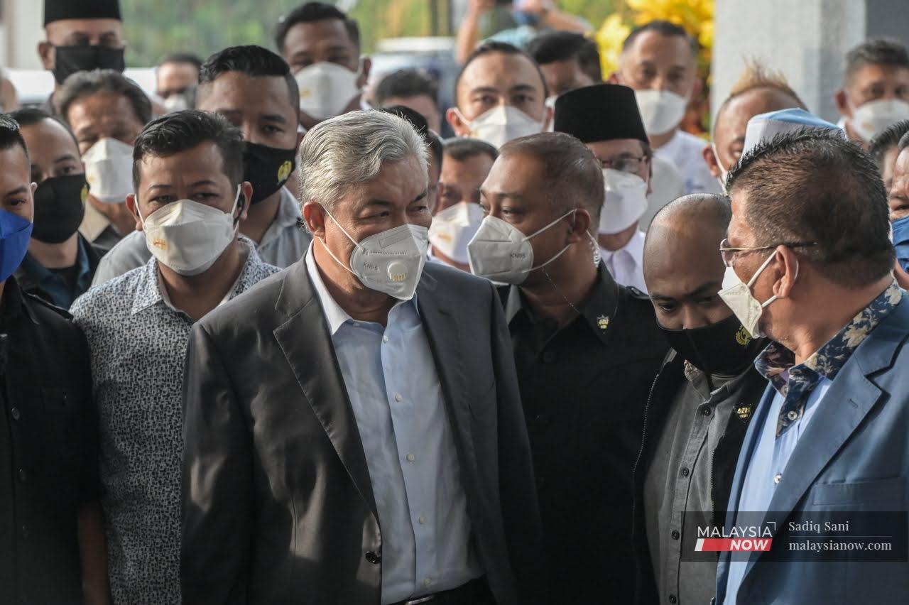 Umno president Ahmad Zahid Hamidi at the Kuala Lumpur court complex today.