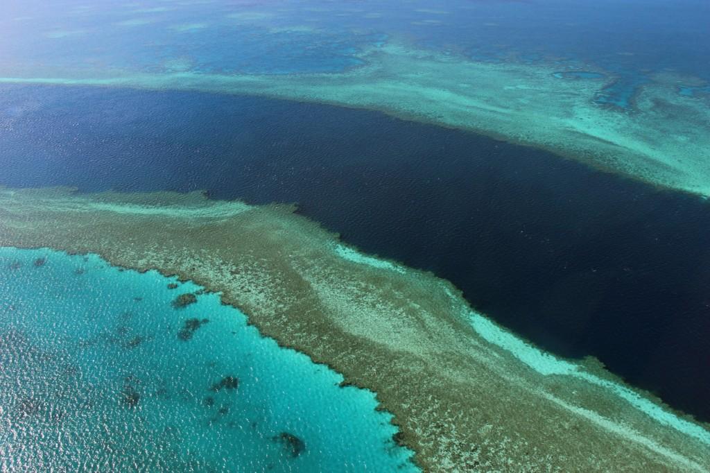 This photo taken on November 20, 2014 shows an aerial view of the Great Barrier Reef off the coast of the Whitsunday Islands, along the central coast of Queensland. Photo: AFP