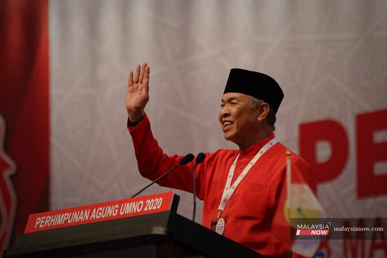 Umno president Ahmad Zahid Hamidi speaks at the party's annual general assembly at the Putra World Centre in Kuala Lumpur last March.