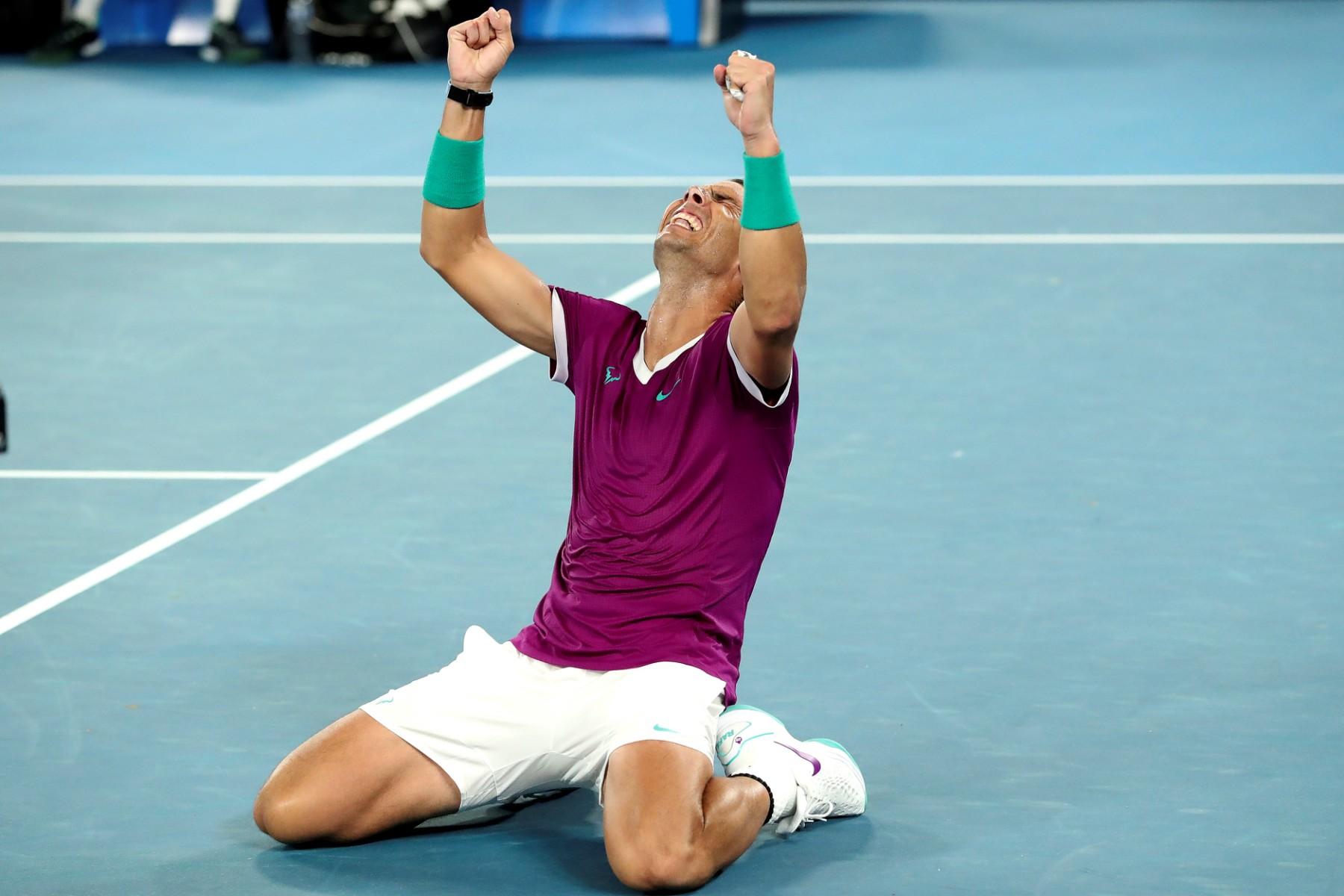 Spain's Rafael Nadal celebrates winning the men's singles final match against Russia's Daniil Medvedev on day fourteen of the Australian Open tennis tournament in Melbourne on Jan 31. Photo: AFP