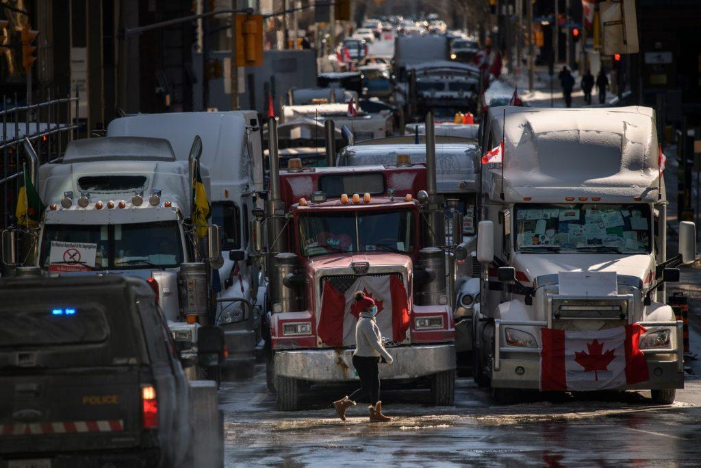 Vehicles block a road during a protest by truck drivers over pandemic health rules and the Trudeau government, outside the parliament of Canada in Ottawa on Feb 15. Photo: AFP