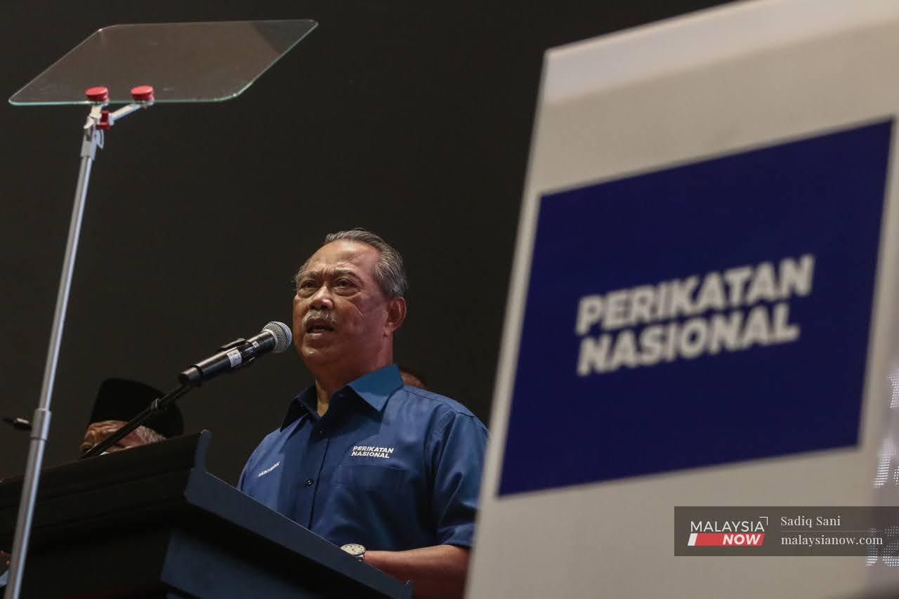 Perikatan Nasional chairman Muhyiddin Yassin speaks at an event in Johor ahead of the March 12 polls.