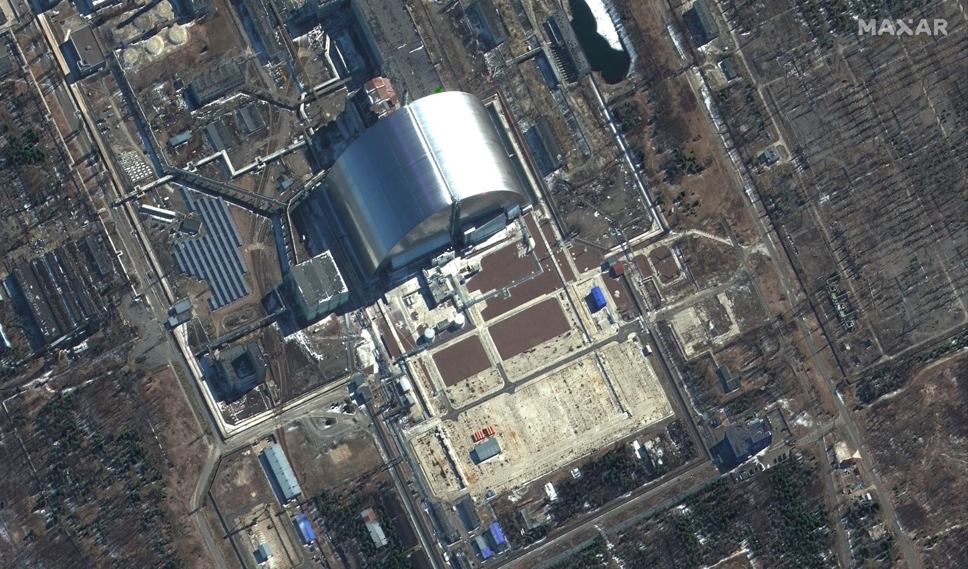 This Maxar satellite image taken and released on March 10, shows a close-up view of the Chernobyl Nuclear Power Plant in Pripyat, Ukraine. Photo: AFP