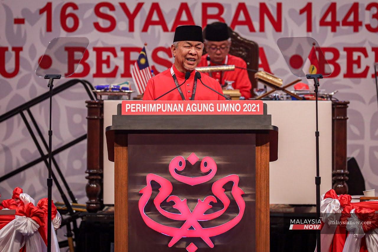 Umno president Ahmad Zahid Hamidi speaks at the party's general assembly at the World Trade Centre in Kuala Lumpur today.