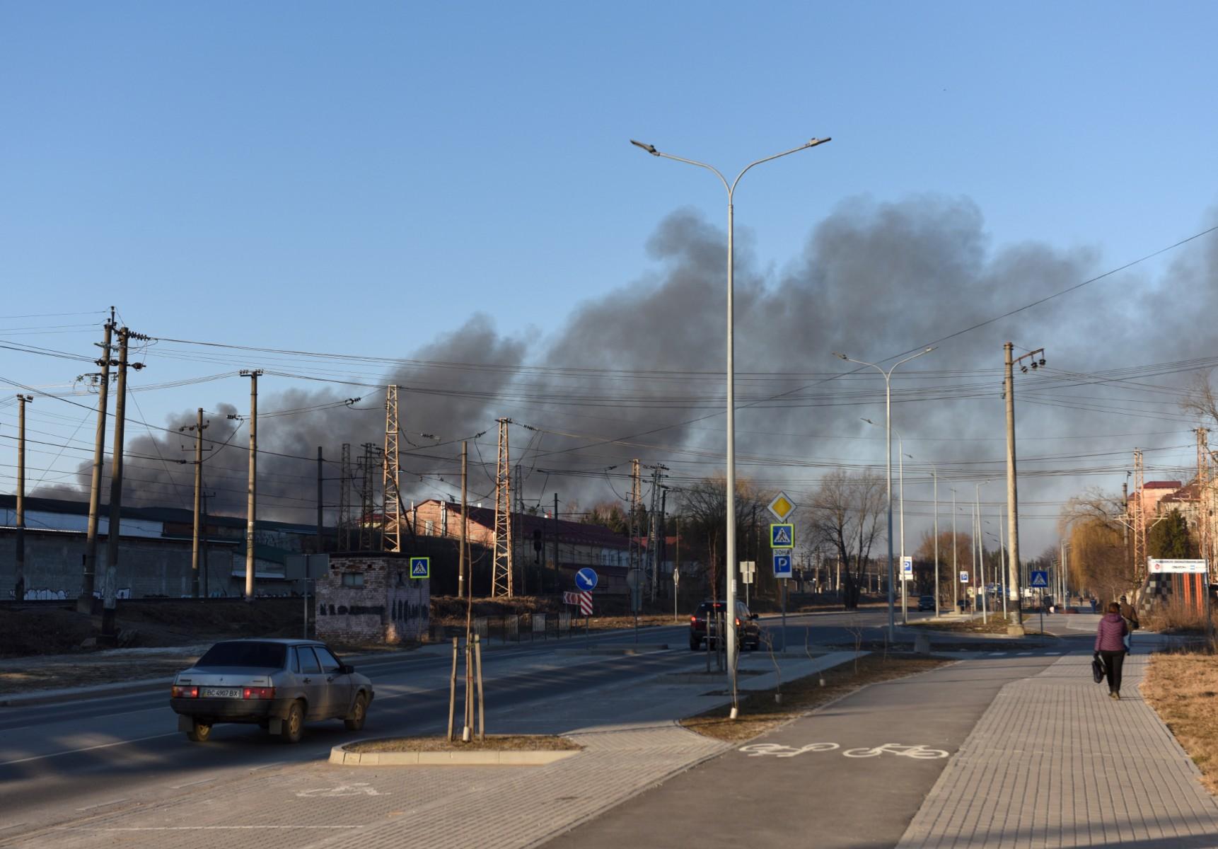 Smoke rises after an explosion in the western Ukrainian city of Lviv on March 18. Photo: AFP