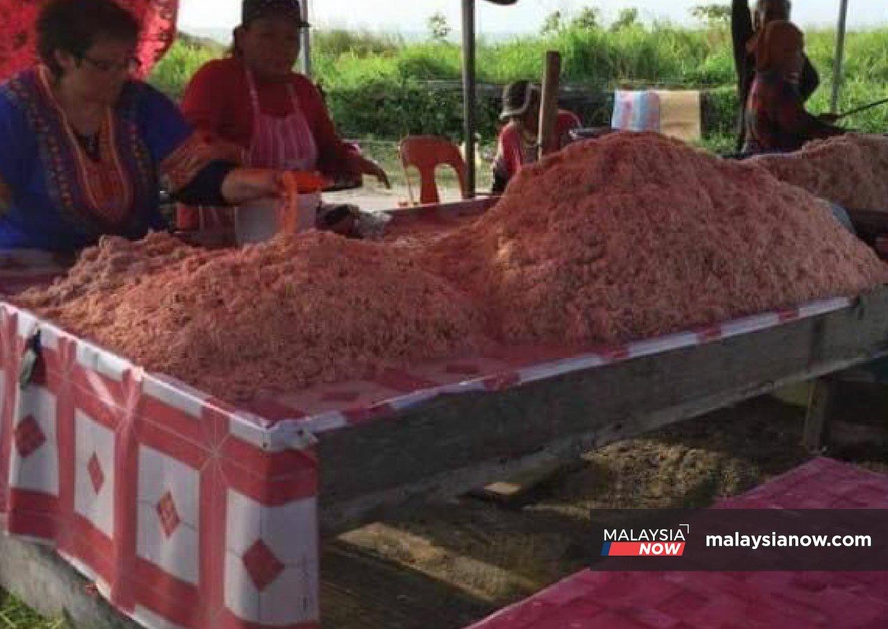 Housewives in Bintulu, Sarawak, spend long days working to turn piles of dried krill shrimp into blocks of delicious belacan.