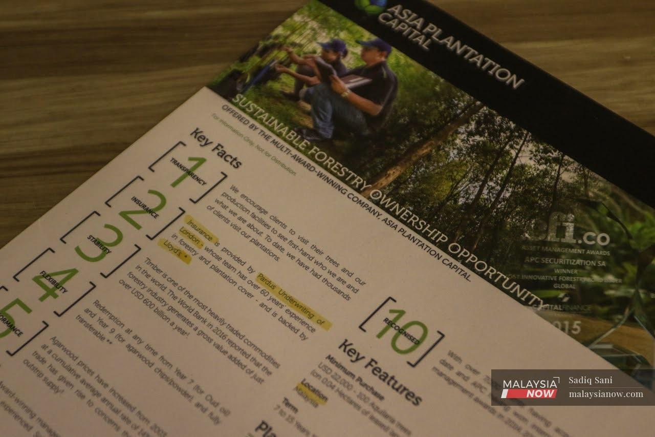 A pamphlet by Asia Plantation Capital advertising its agarwood investment scheme in Sakon Nakhon, Thailand.