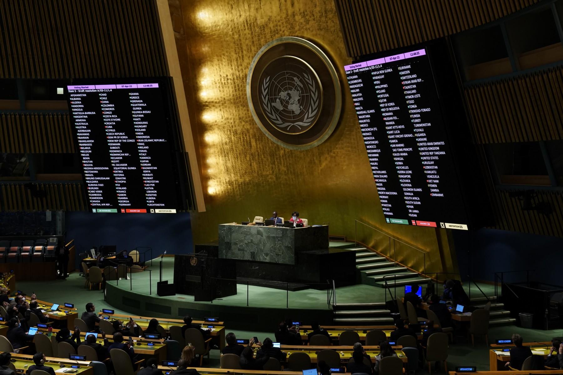 The board showing the passage of the resolution during a UN General Assembly vote on a draft resolution seeking to suspend Russia from the UN Human Rights Council in New York City on April 7. Photo: AFP
