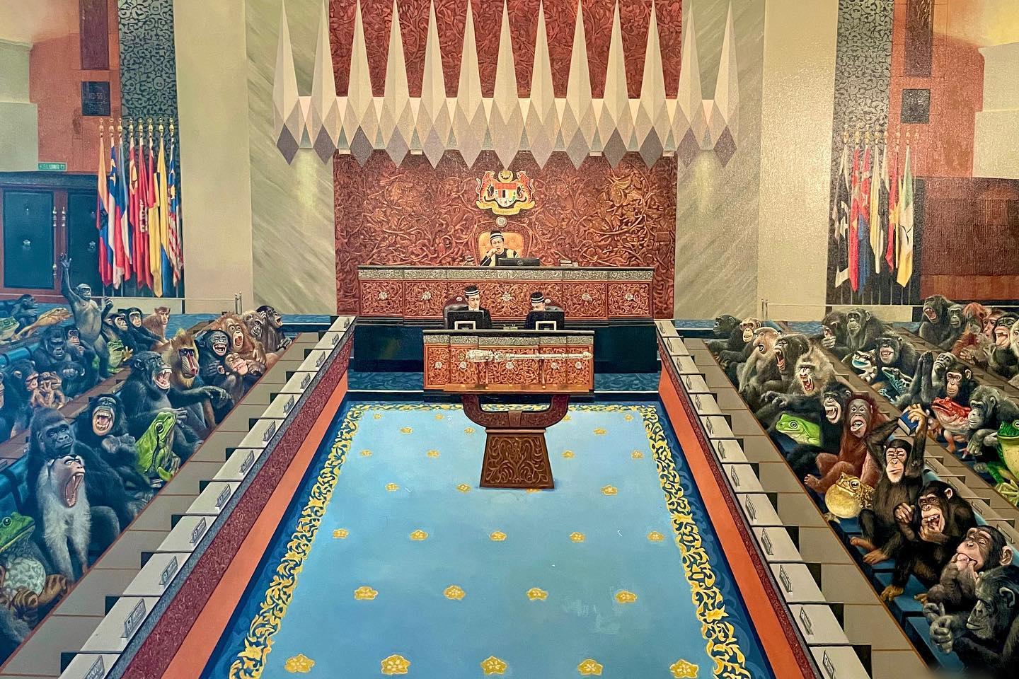 The painting bought by Selangor ruler Sultan Sharafuddin Idris Shah depicting MPs in the Dewan Rakyat as apes and frogs. Photo: Selangor palace Facebook