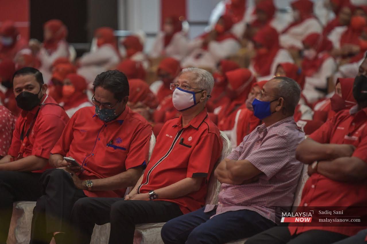 Prime Minister Ismail Sabri Yaakob (centre), who is also an Umno vice-president, at the party's general assembly at the World Trade Centre in Kuala Lumpur last month.