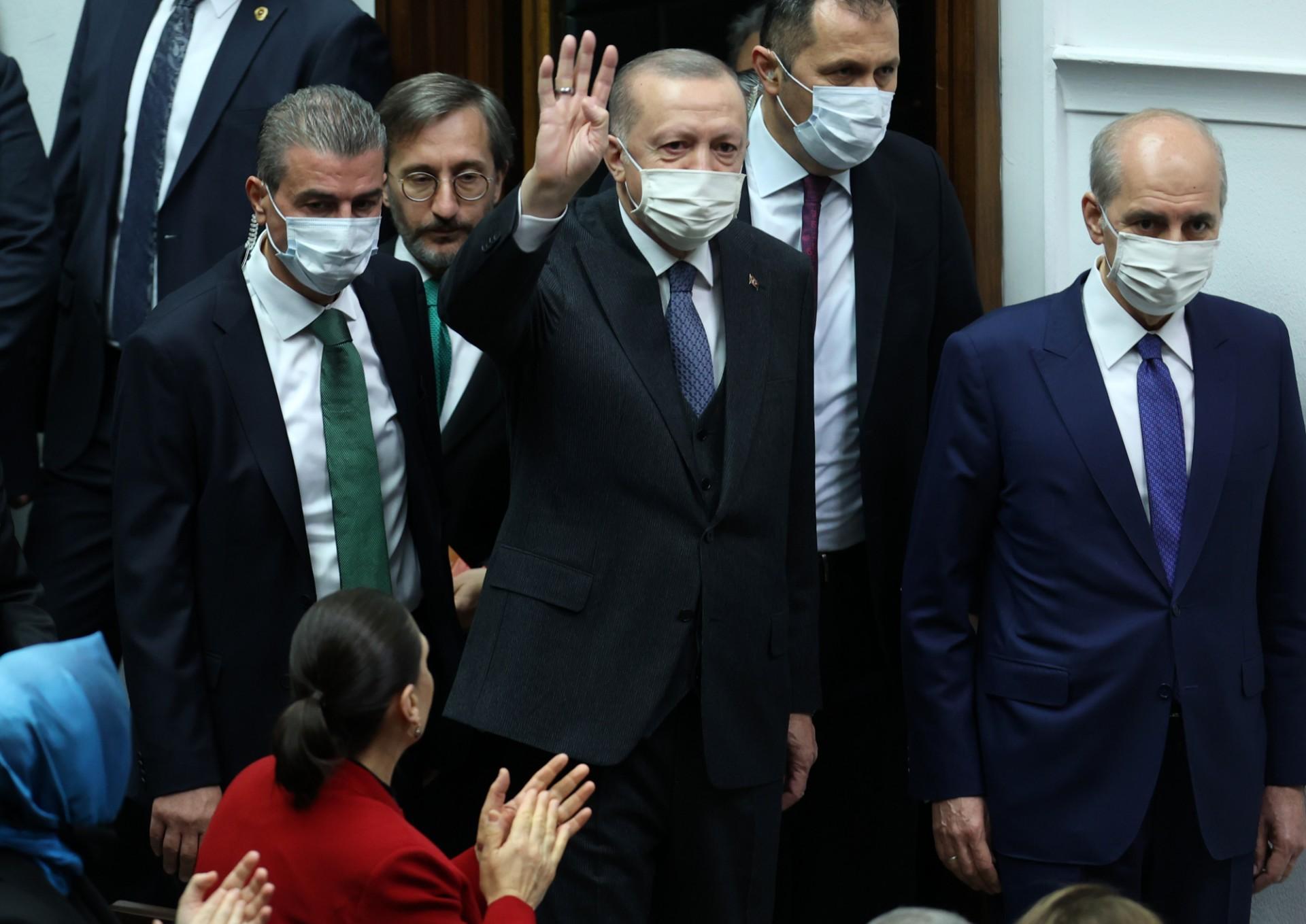 Turkey President Recep Tayyip Erdogan waves as he arrives to give a speech during a party parliamentary group meeting at the Grand National Assembly of Turkey in Ankara, on April 20. Photo: AFP
