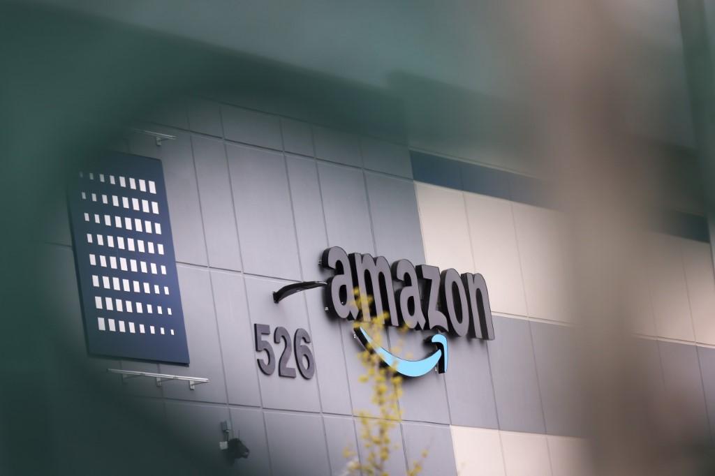 An Amazon signage is seen on the LDJ5 Amazon Sort Center on April 25 in New York City. Photo: AFP