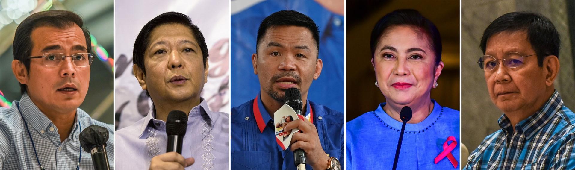 This combination of file photos created on May 2, shows the top five of 10 candidates in total running for president in the Philippine election on May 9. Photo: AFP