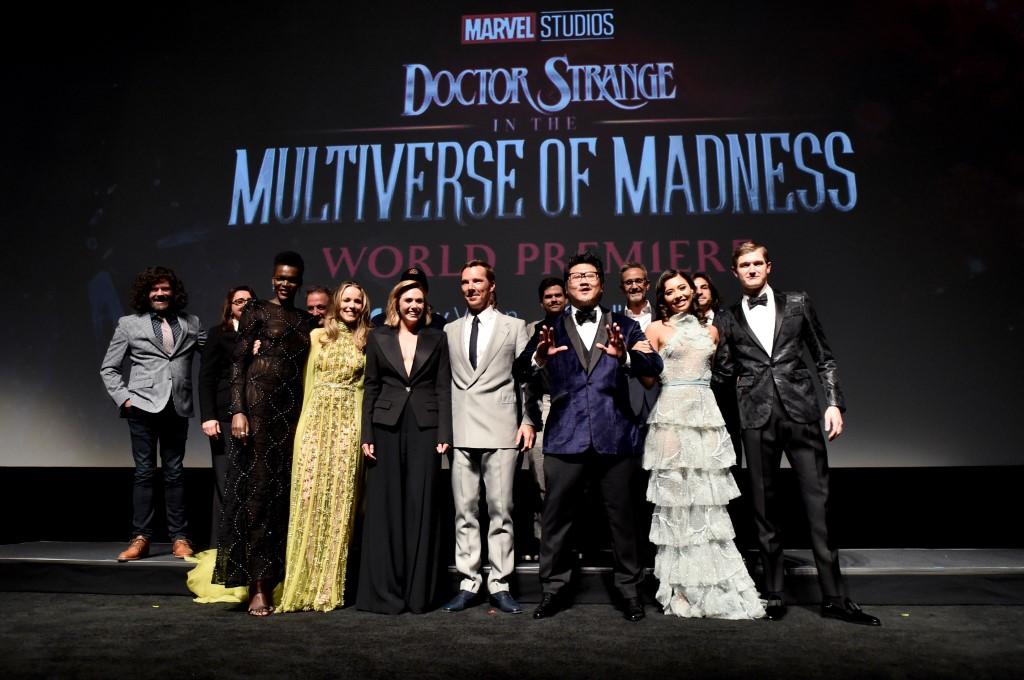 (Left to right) Eric Hauserman Carroll, Victoria Alonso, Sheila Atim, Louis D'Esposito, Rachel McAdams, Elizabeth Olsen, Benedict Cumberbatch, Michael Waldron, Benedict Wong, Mitchell Bell, Xochitl Gomez and Adam Hugill attend the 'Doctor Strange in the Multiverse of Madness' World Premiere at Dolby Theatre in Hollywood, California on May 2. Photo: AFP