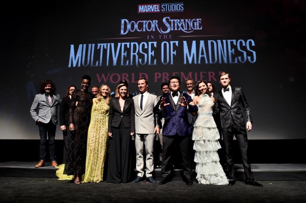 (Left to right) Eric Hauserman Carroll, Victoria Alonso, Sheila Atim, Louis D'Esposito, Rachel McAdams, Elizabeth Olsen, Benedict Cumberbatch, Michael Waldron, Benedict Wong, Mitchell Bell, Xochitl Gomez and Adam Hugill attend the 'Doctor Strange in the Multiverse of Madness' World Premiere at Dolby Theatre in Hollywood, California on May 2. Photo: AFP