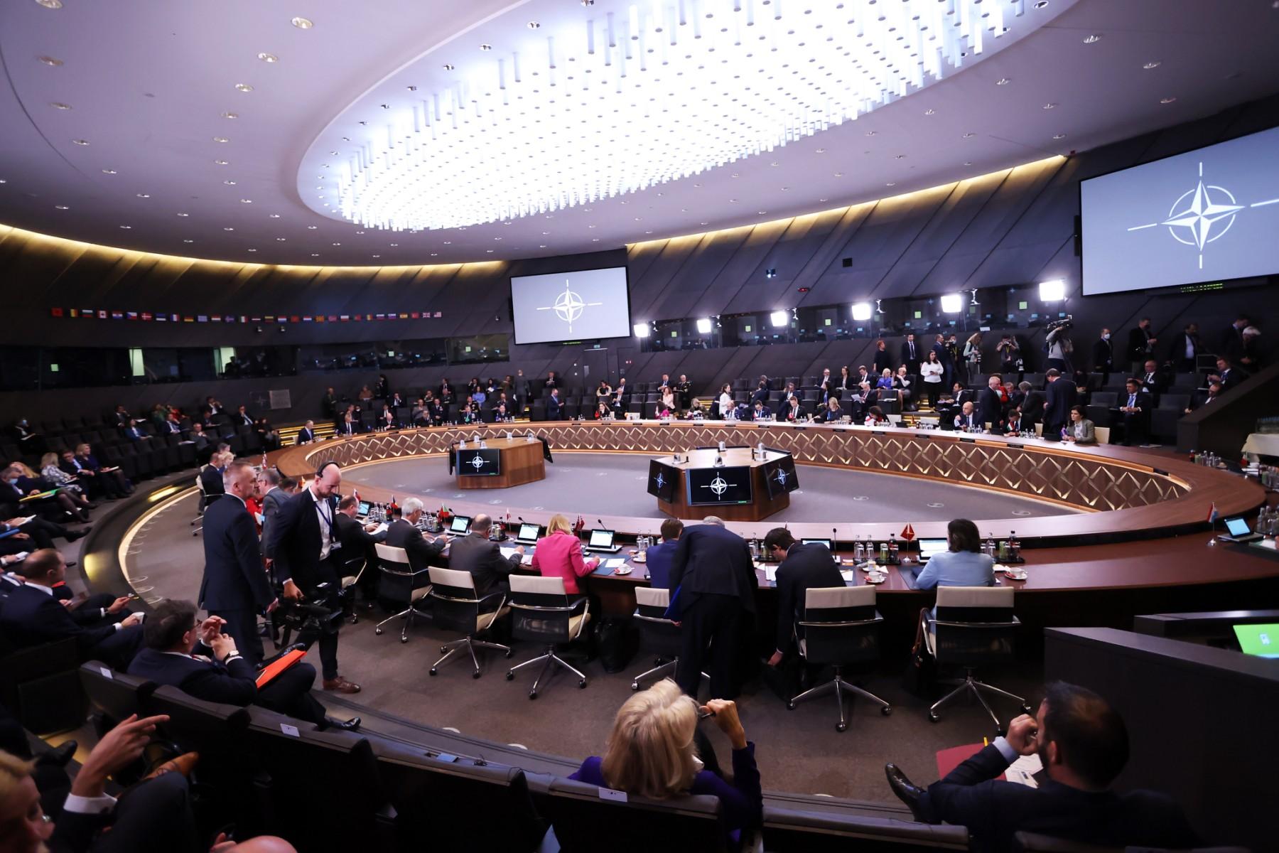 A general view at the start of a meeting of the North Atlantic Council roundtable of Nato Foreign Ministers at the Nato headquarters in Brussels on April 7. Photo: AFP