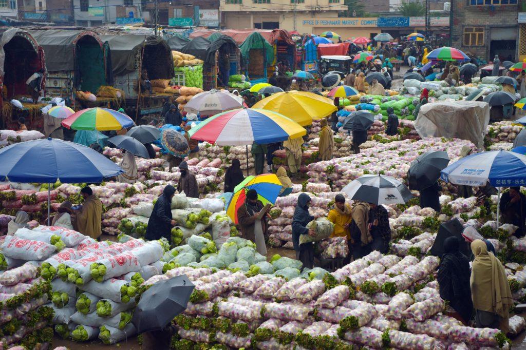 Peniaga bekerja semasa hari hujan di pasar tani di Peshawar pada 22 Januari. Gambar: AFP