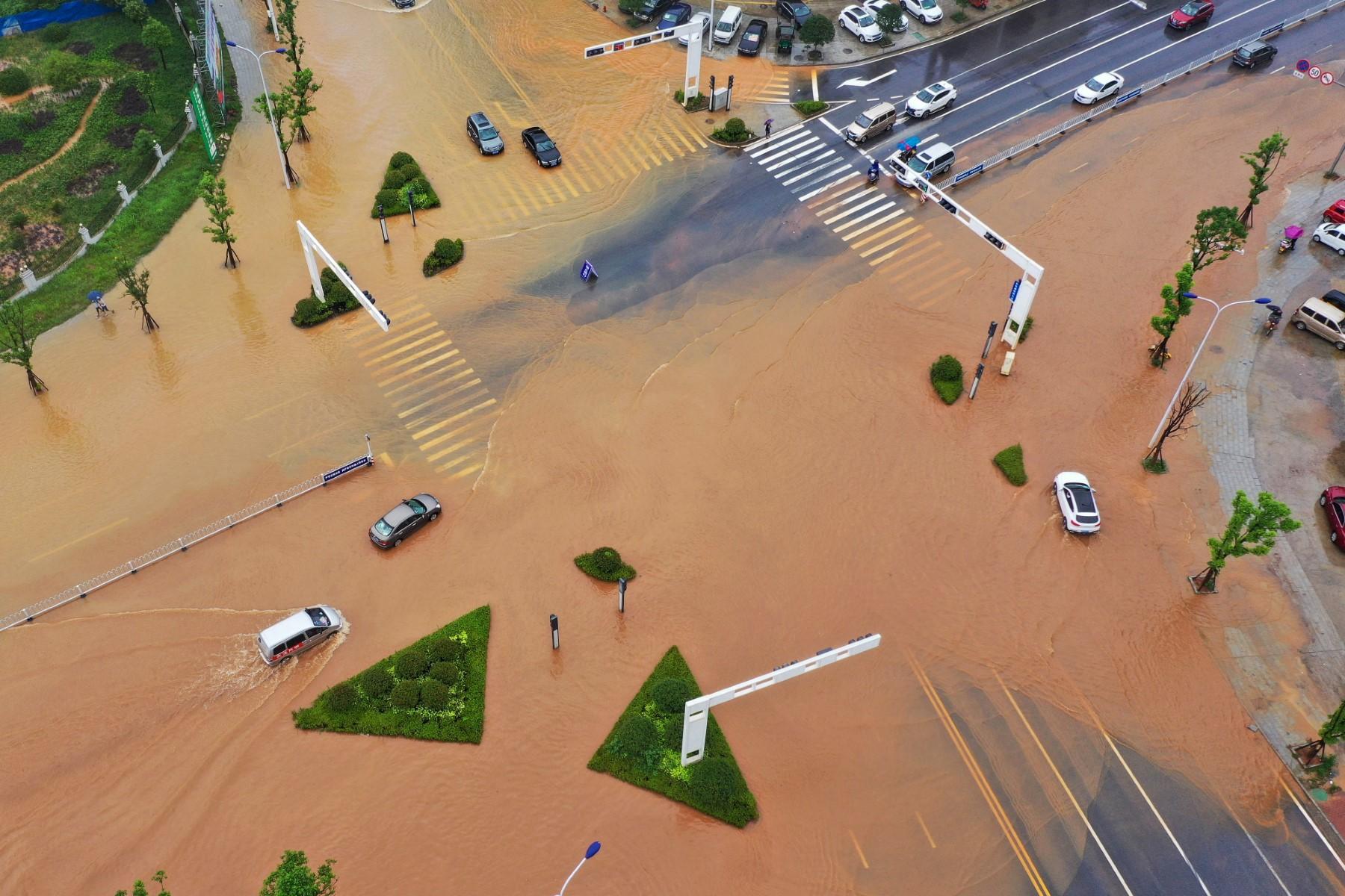 This aerial picture taken on July 9, 2019 shows submerged streets after heavy rain caused flooding in Hengyang in central China's Hunan province. Photo: AFP