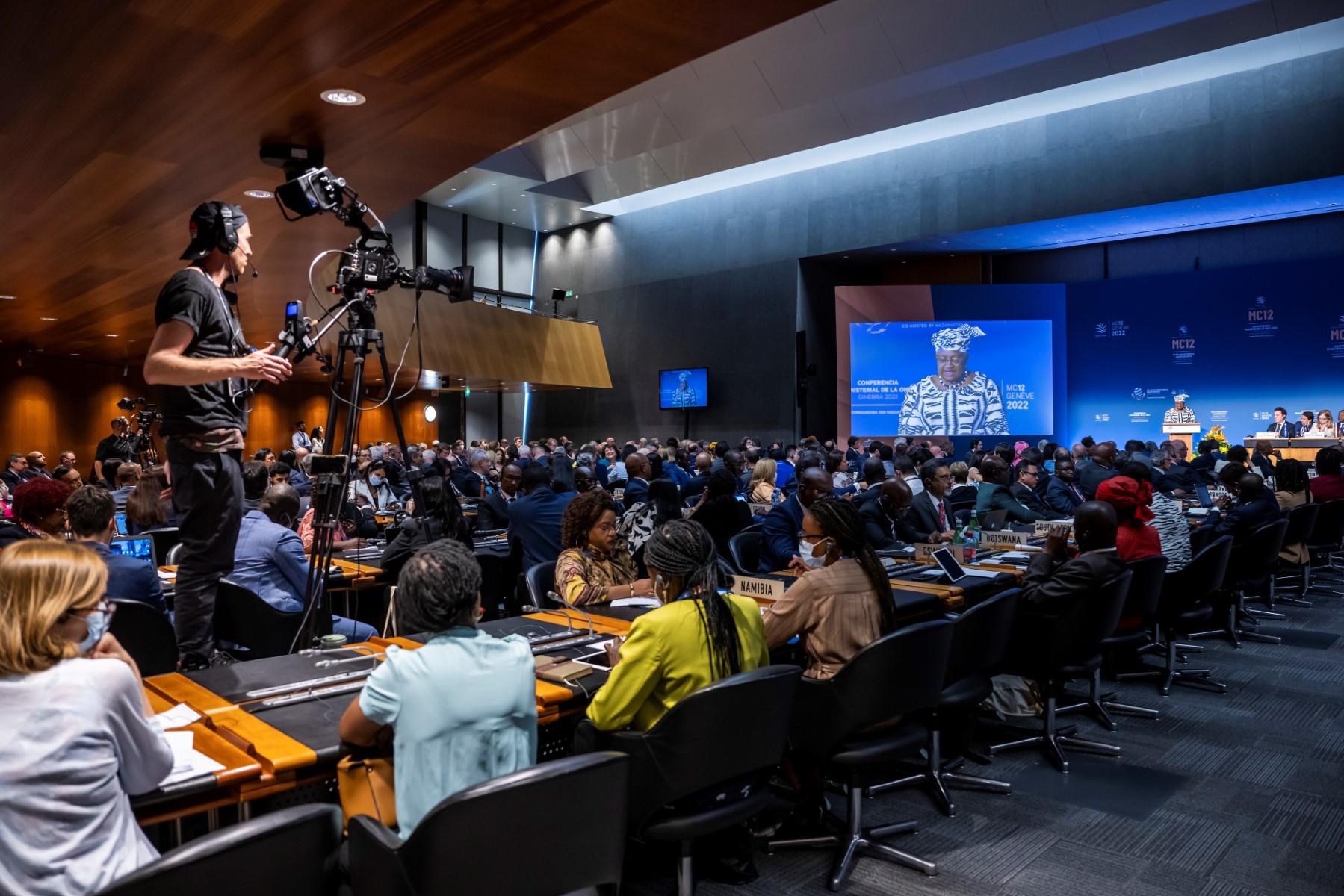 Official delegations listen to the speech of the director-general of the World Trade Organization, Ngozi Okonjo-Iweala, at the opening ceremony of the 12th ministerial conference at the WTO headquarters in Geneva, on June 12. Photo: AFP