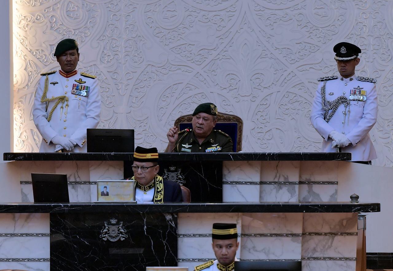 Johor ruler Sultan Ibrahim Sultan Iskandar speaks at the Johor state legislative assembly in Iskandar Puteri today. Photo: Bernama