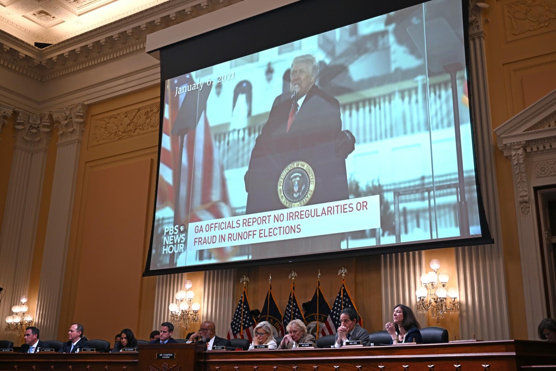 Former US president Donald Trump appears onscreen during the fifth hearing by the House Select Committee to investigate the Jan 6 attack on the US Capitol in the Cannon House Office Building in Washington DC, on June 23. Photo: AFP