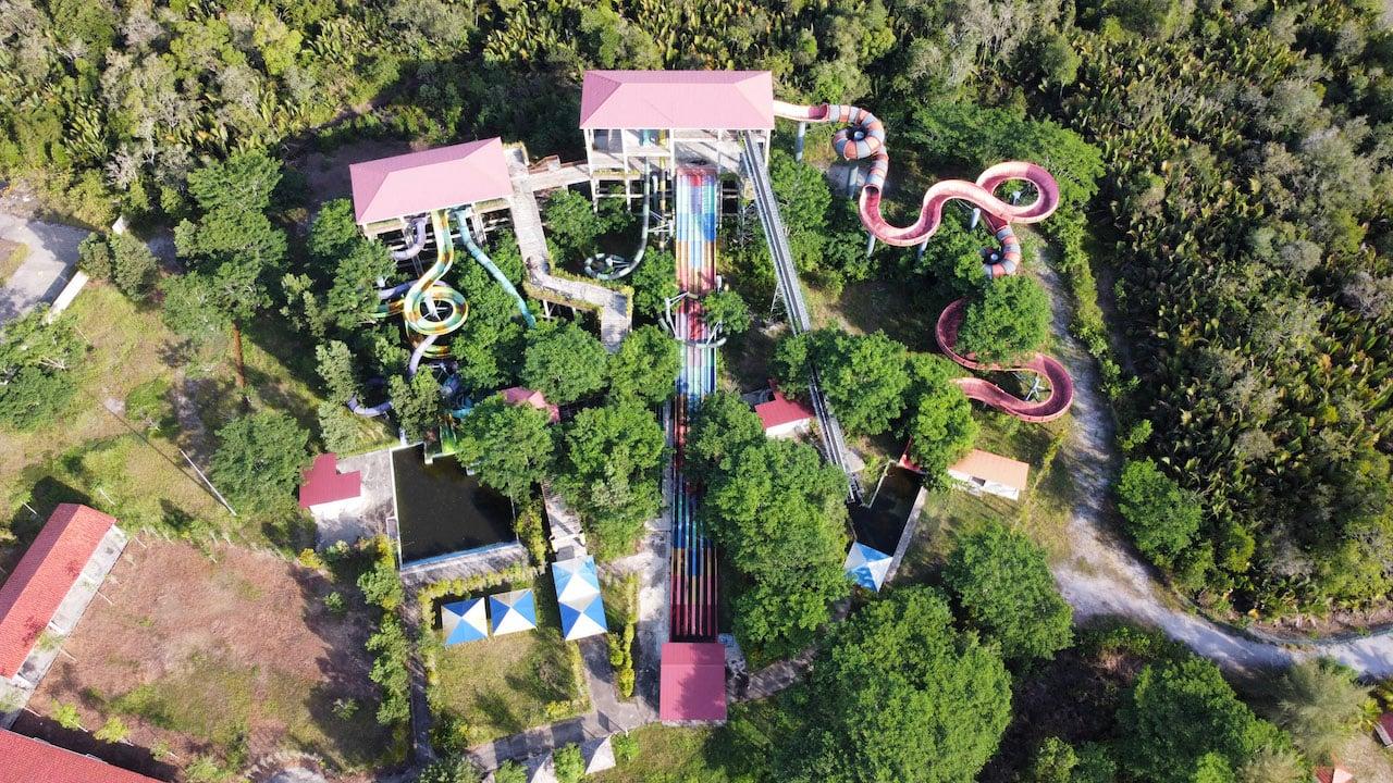 The water theme park at Borneo Samariang Resort City, overgrown after the long months of Covid-19 shutdown.