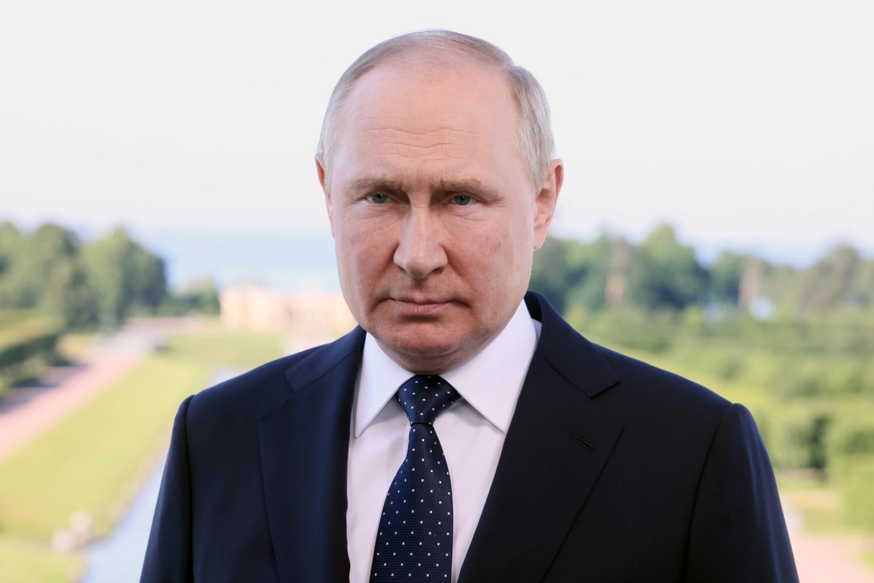 Russian President Vladimir Putin delivers a video address to participants of the 10th Saint Petersburg International Legal Forum in Saint Petersburg on June 30. Photo: AFP