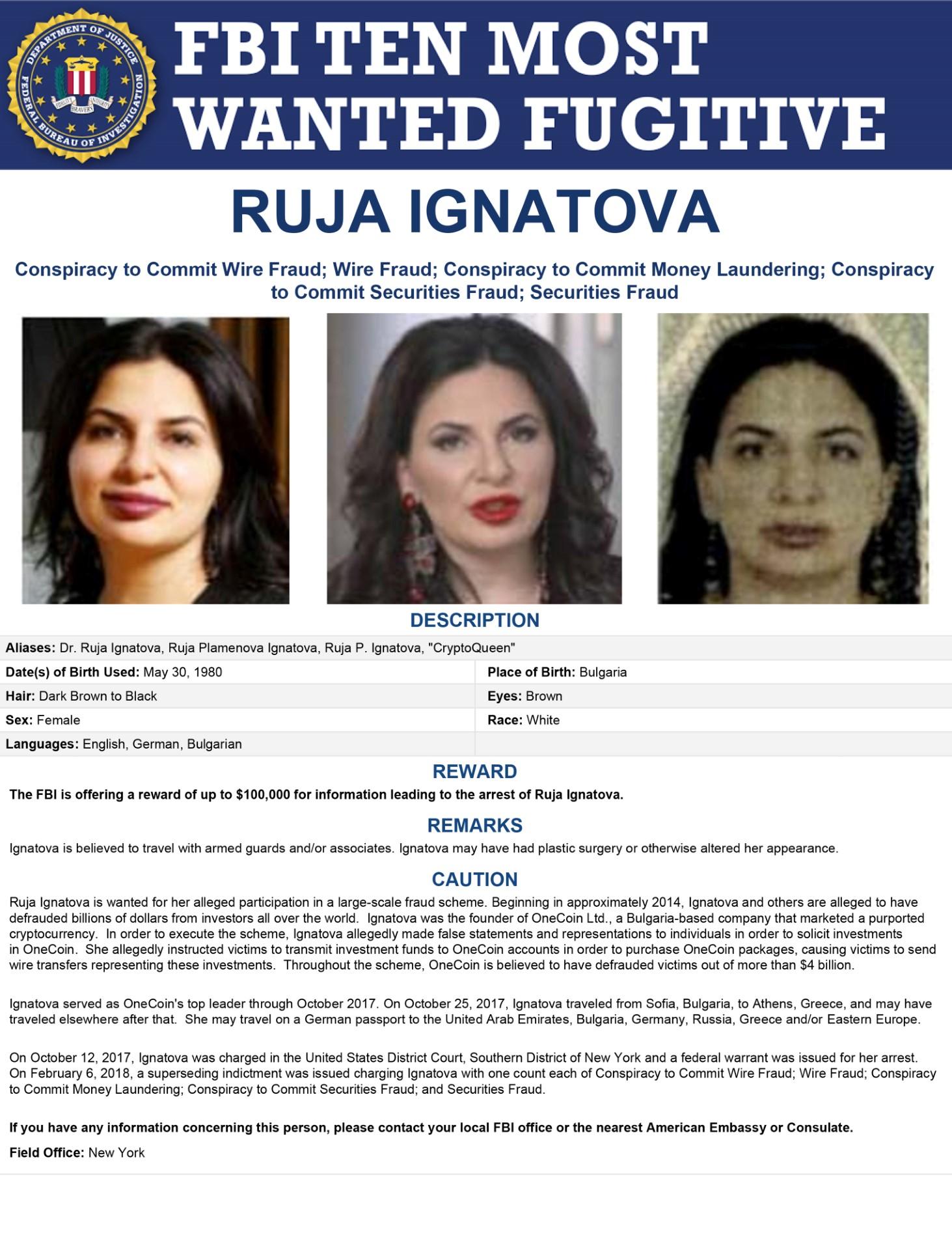 This image of a 'Most Wanted' poster obtained from the FBI on June 30, shows Ruja Ignatova. Photo: AFP