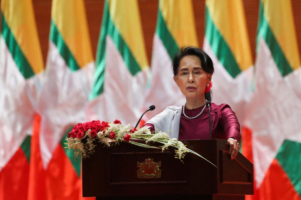 In this file photo taken on Sept 19, 2017, Aung San Suu Kyi delivers a national address in Naypyidaw, Myanmar. Photo: AFP