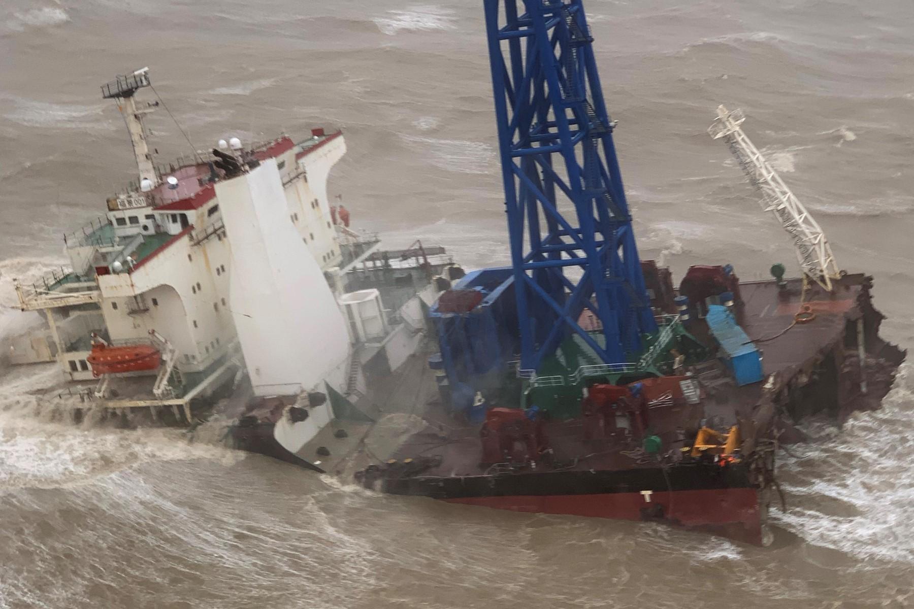 This handout file photo taken and released by the Hong Kong Government Flying Service on July 2, shows a ship after it broke into two amid Typhoon Chaba, during a rescue operation of the crew members in the South China Sea, 160 nautical miles (296km) southwest of Hong Kong. Photo: AFP